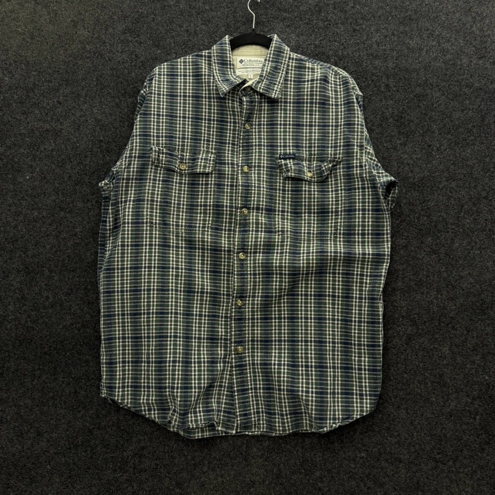 Vintage Columbia Mens Large Plaid Flannel Shirt Green Blue 90s Cotton Button Up